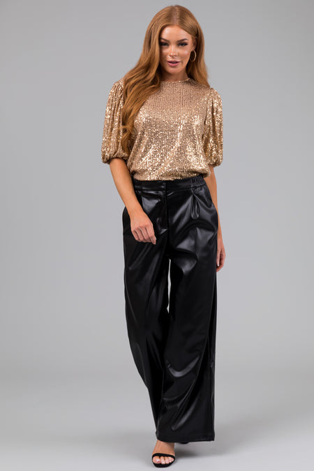 Black Pleather Elastic Waist Wide Leg Pants