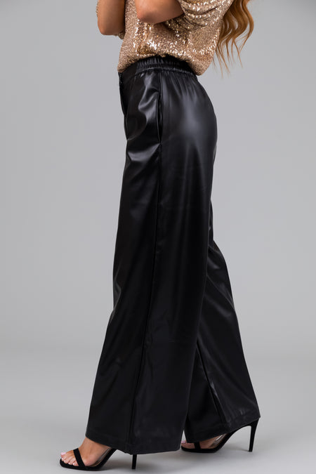 Black Pleather Elastic Waist Wide Leg Pants