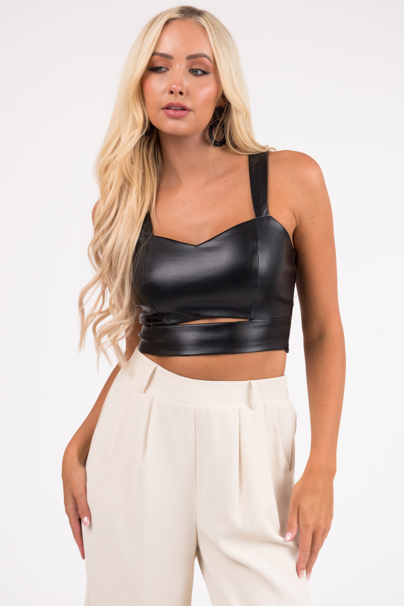 Black Pleather Sweetheart Neck Crop Top