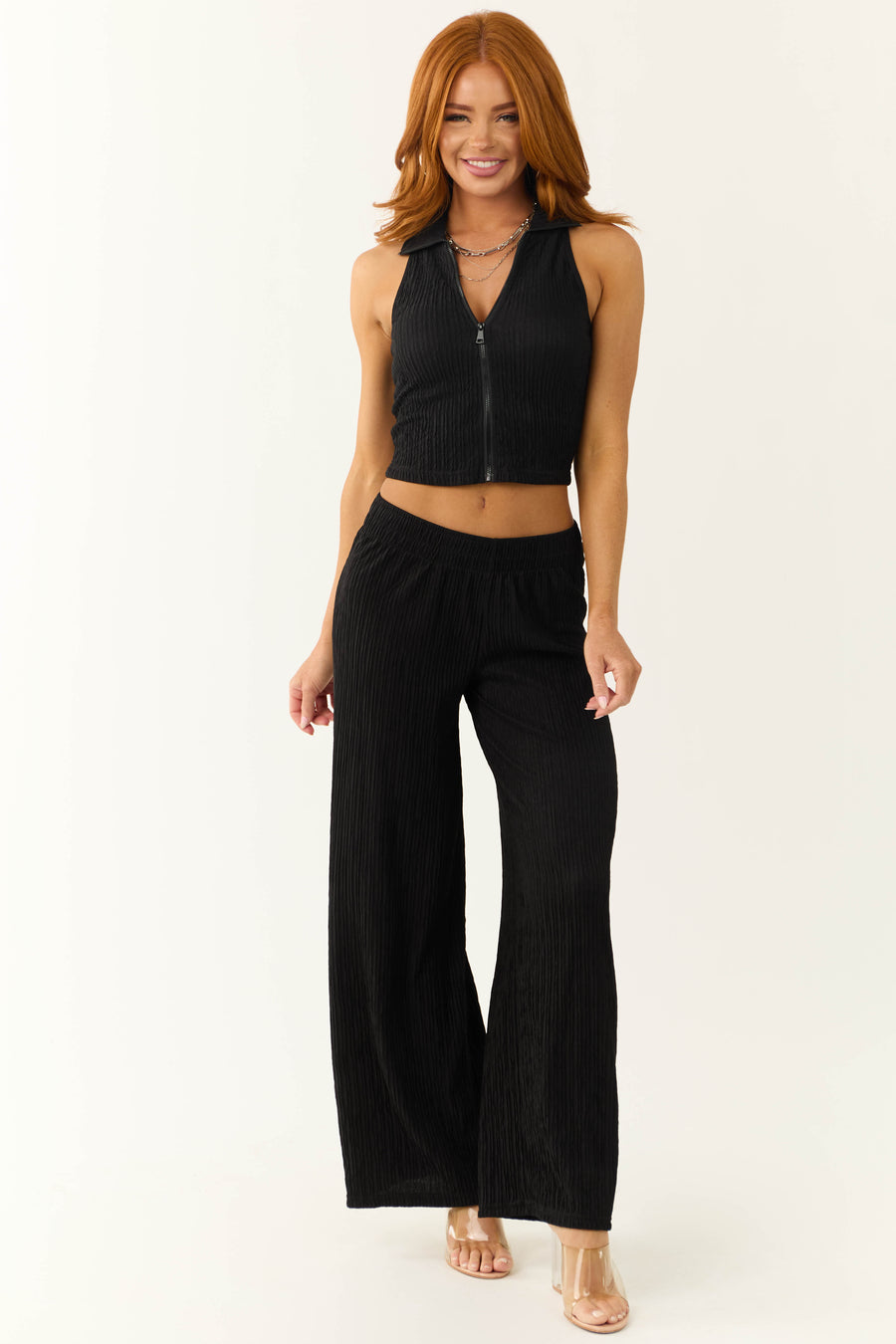 Black Plisse Collared Top and Pants Set