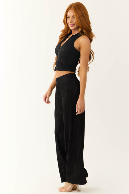 Black Plisse Collared Top and Pants Set