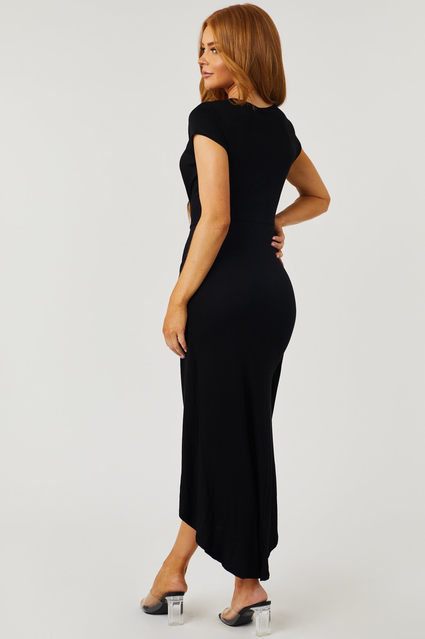 Black Plunging V Front Twist Knot Midi Dress