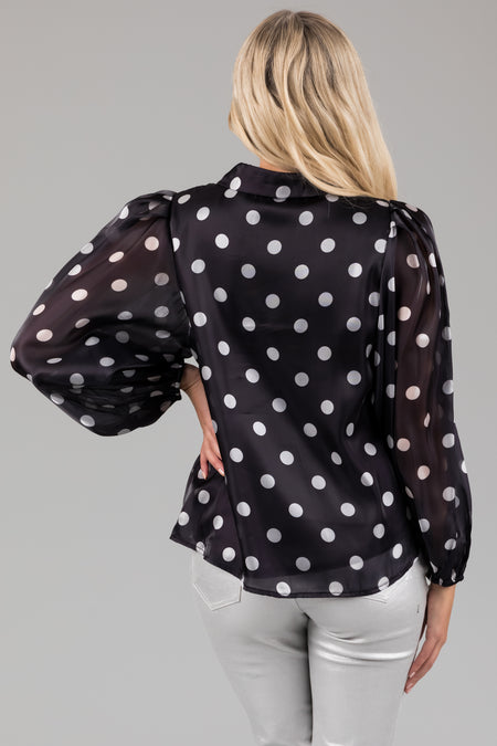 Black Polka Dot Bubble Sleeve Button Up Blouse