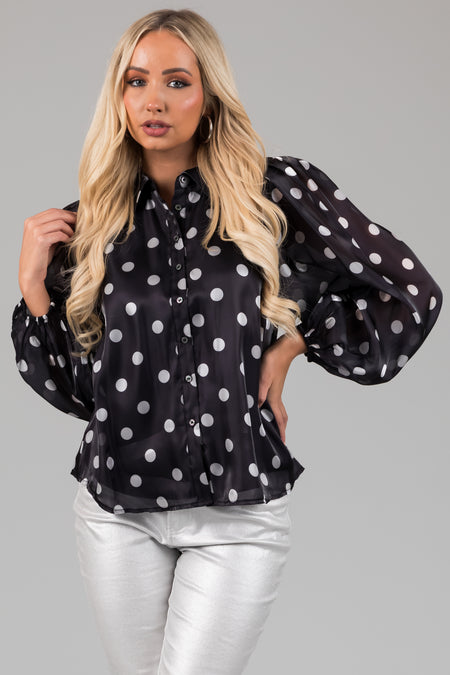 Black Polka Dot Bubble Sleeve Button Up Blouse