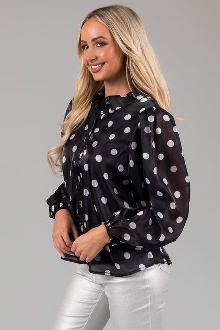 Black Polka Dot Bubble Sleeve Button Up Blouse