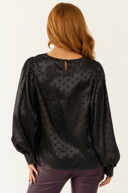 Black Polka Dot Textured Bubble Sleeve Satin Top