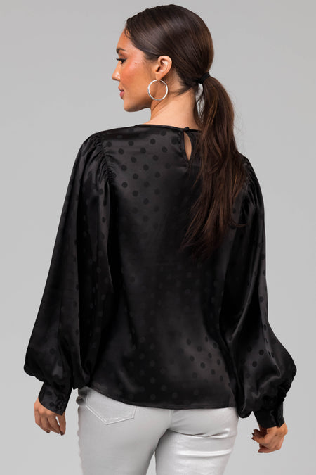 Black Polka Dot Textured Bubble Sleeve Satin Top