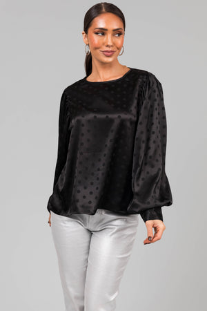 Black Polka Dot Textured Bubble Sleeve Satin Top