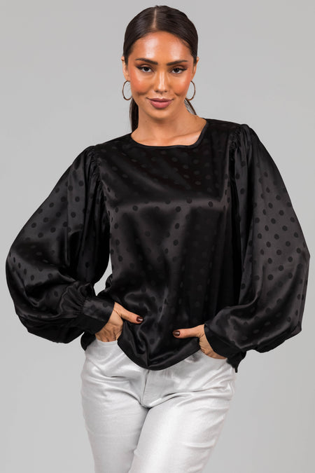 Black Polka Dot Textured Bubble Sleeve Satin Top