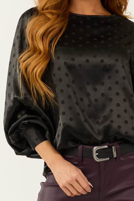 Black Polka Dot Textured Bubble Sleeve Satin Top