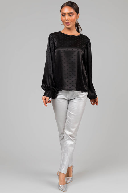 Black Polka Dot Textured Bubble Sleeve Satin Top