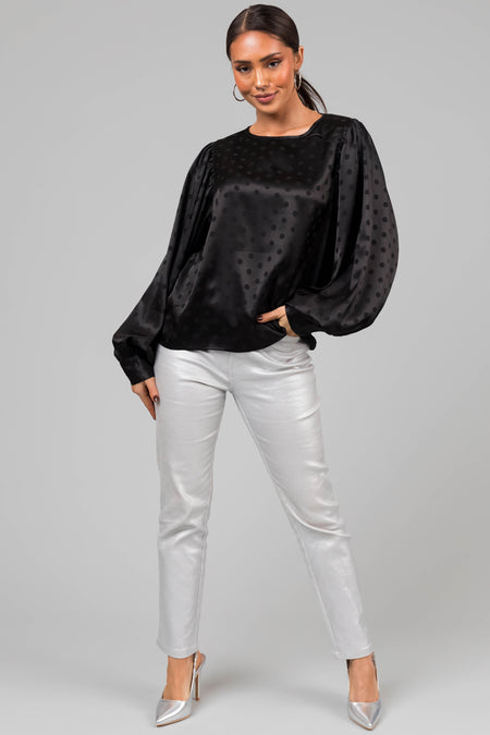 Black Polka Dot Textured Bubble Sleeve Satin Top