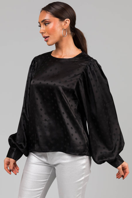 Black Polka Dot Textured Bubble Sleeve Satin Top