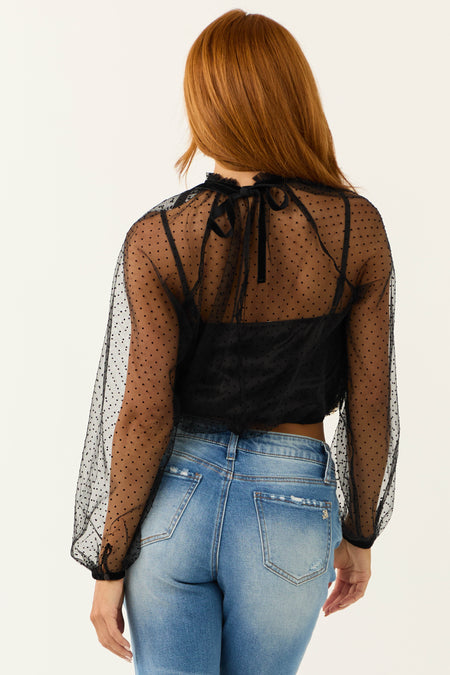 Black Polka Dot Textured Long Sleeve Mesh Top