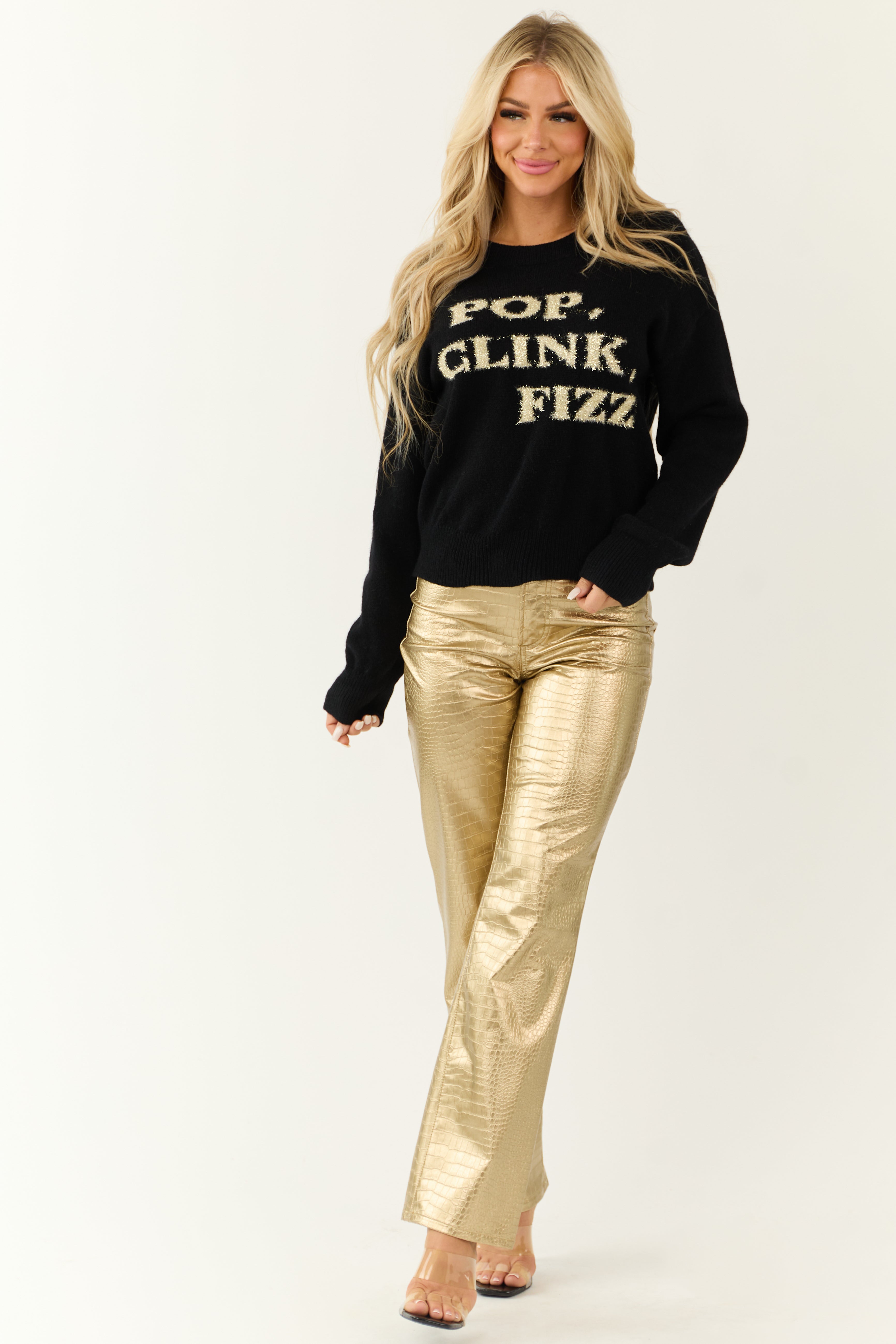 Black 'Pop Clink Fizz' Graphic Pullover Sweater