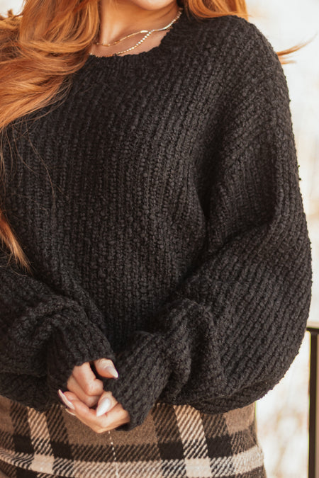 Black Popcorn Knit Cropped Oversized Sweater