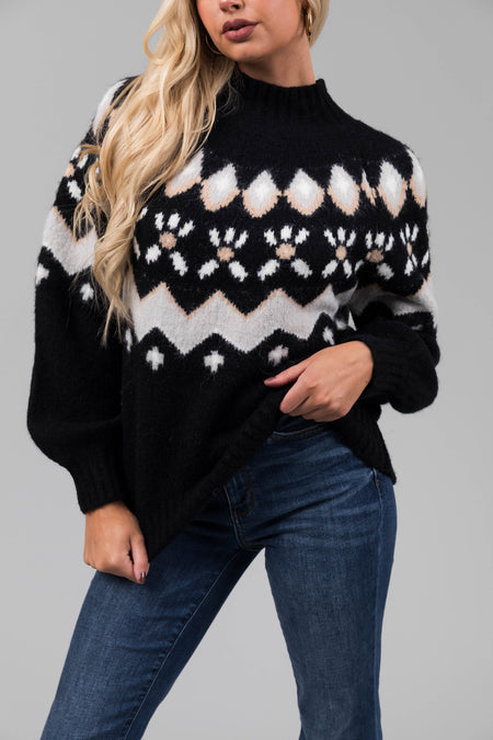 Black Printed Mock Neck Fuzzy Sweater