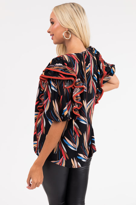 Black Printed Short Ruffle Sleeve Blouse