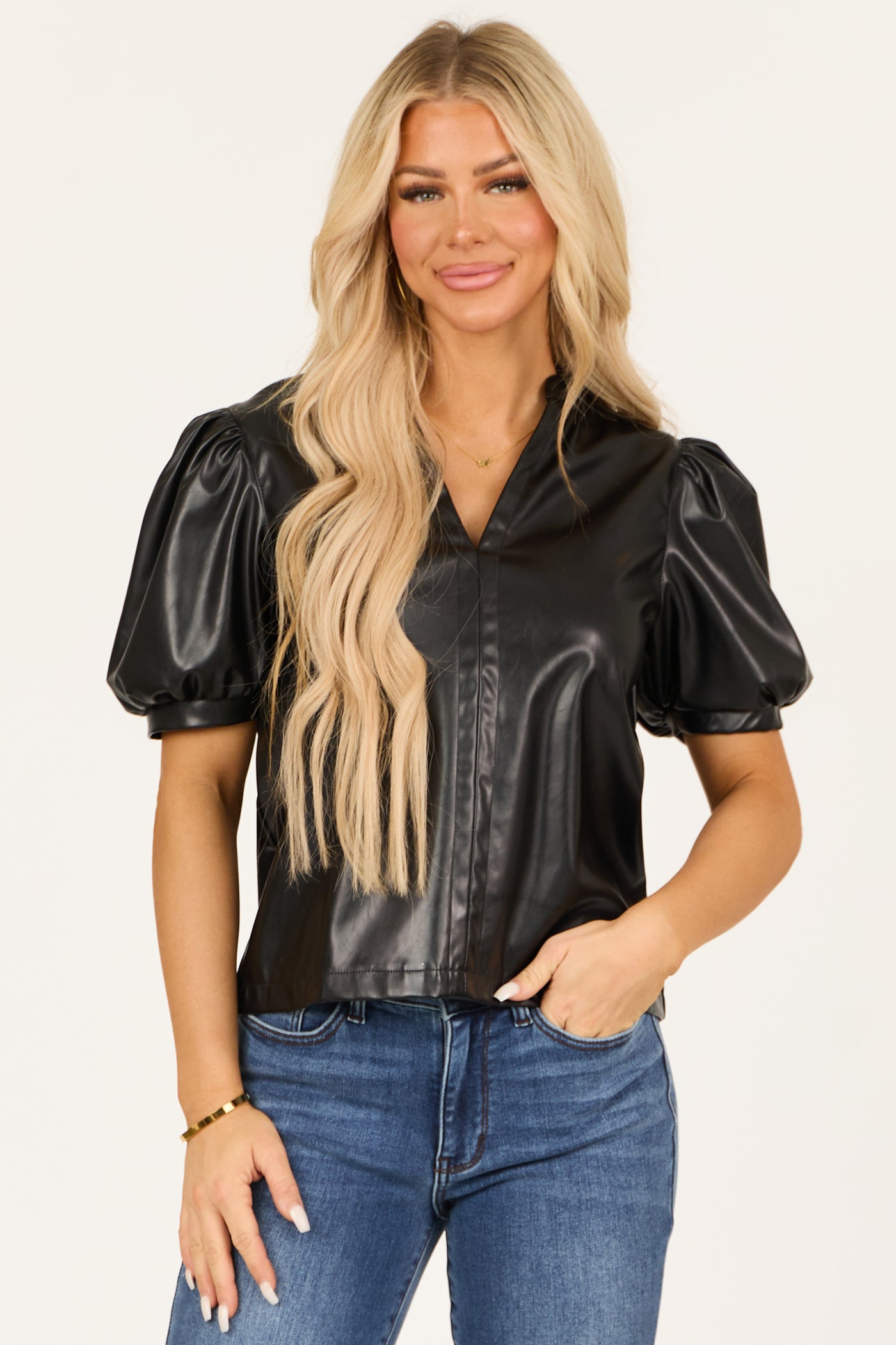 Black Puff Sleeve Split Neck Faux Leather Top