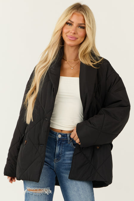 Black Quilted Double Button Down Coat Jacket