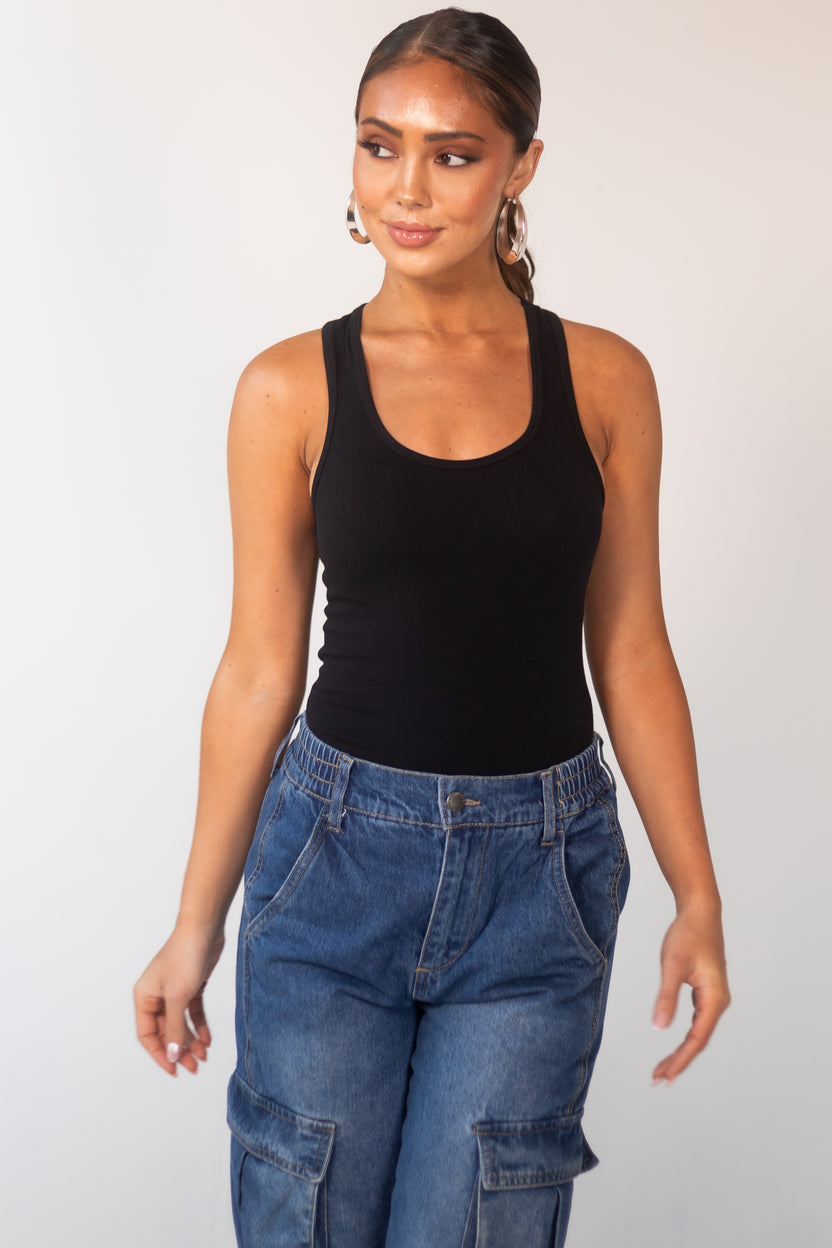 Black Racerback Solid Cotton Bodysuit