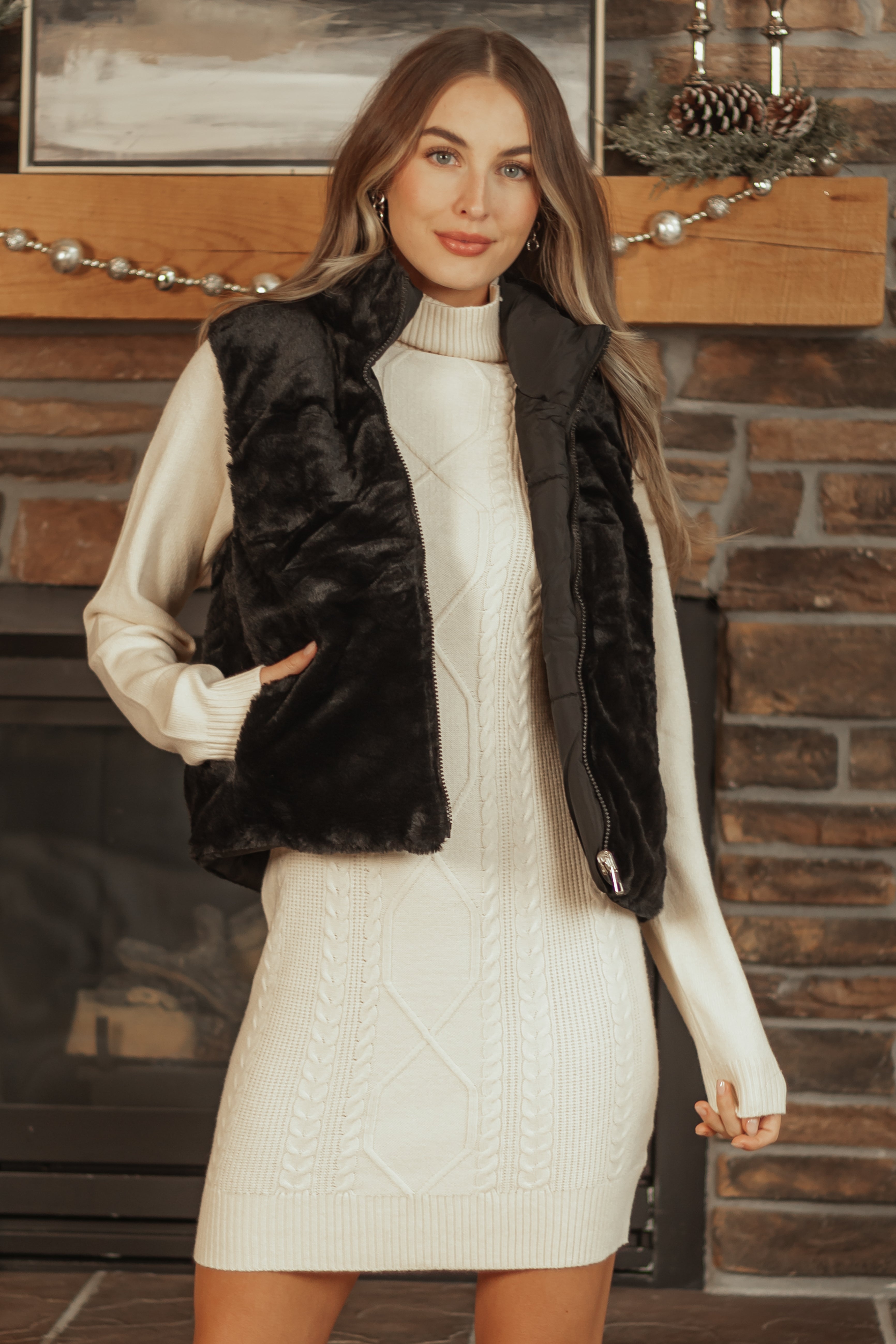 Black Reversible Faux Fur Quilted Zip Up Vest