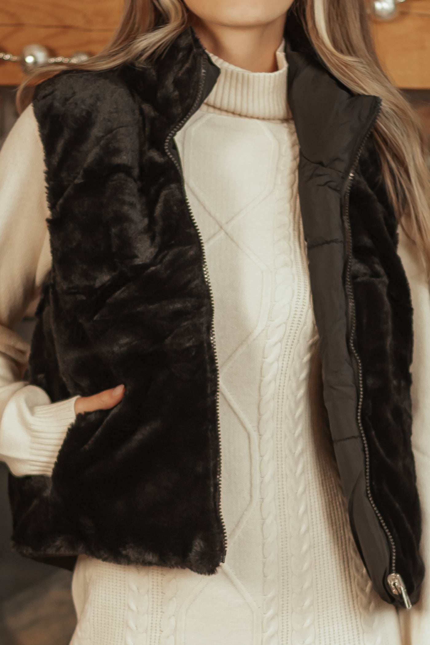 Black Reversible Faux Fur Quilted Zip Up Vest