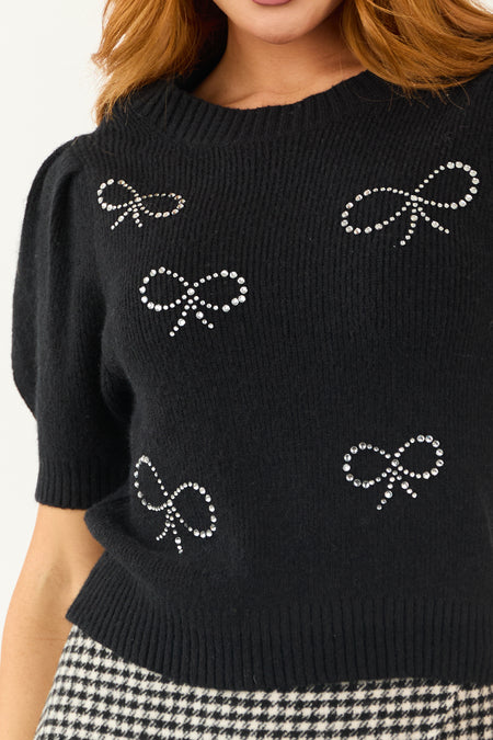 Black Rhinestone Bow Print Puff Sleeve Sweater Top