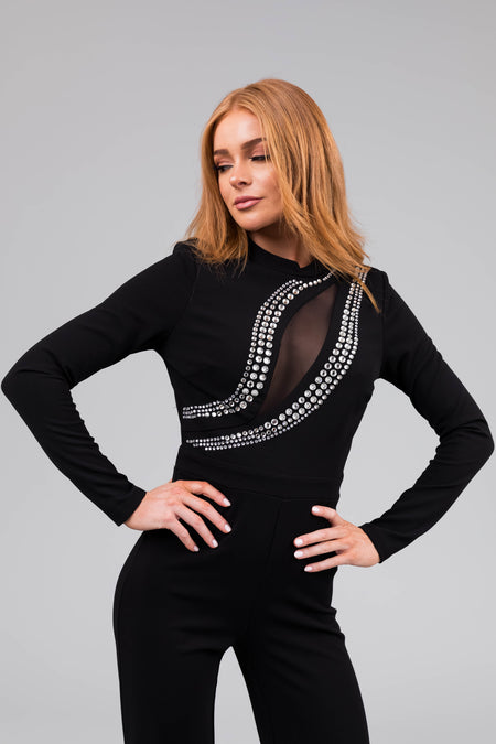 Black Rhinestone Detail Long Sleeve Jumpsuit