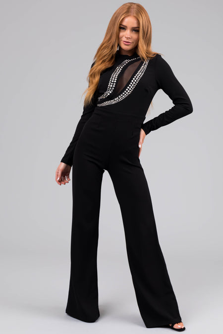 Black Rhinestone Detail Long Sleeve Jumpsuit