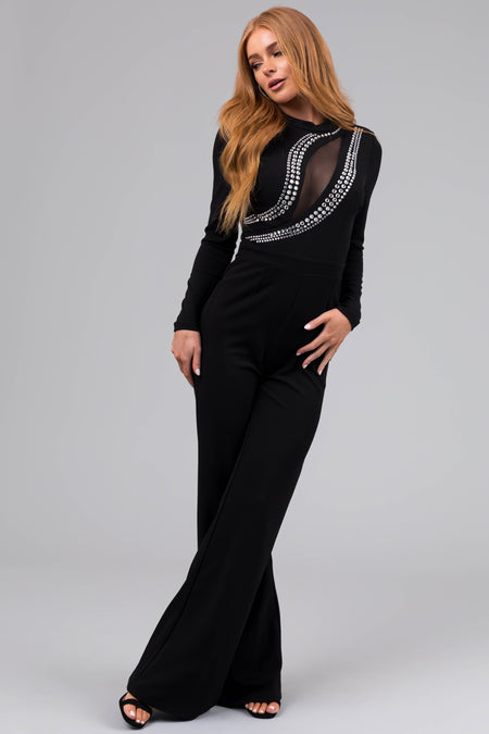 Black Rhinestone Detail Long Sleeve Jumpsuit