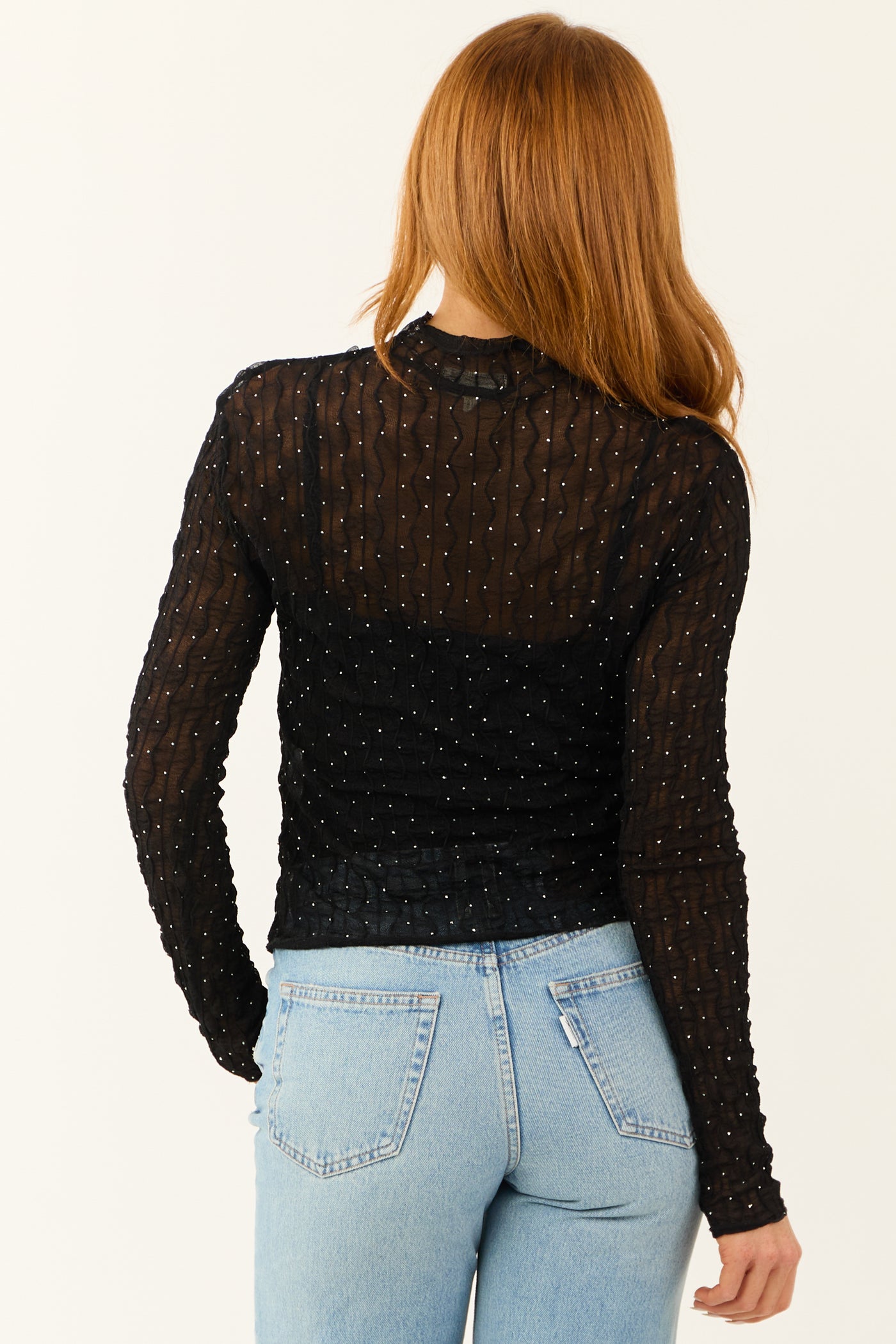 Black Rhinestone Detail Long Sleeve Mesh Top