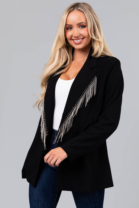 Black Rhinestone Fringe Buttoned Blazer