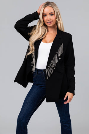 Black Rhinestone Fringe Buttoned Blazer