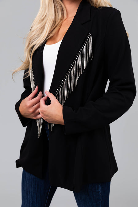 Black Rhinestone Fringe Buttoned Blazer