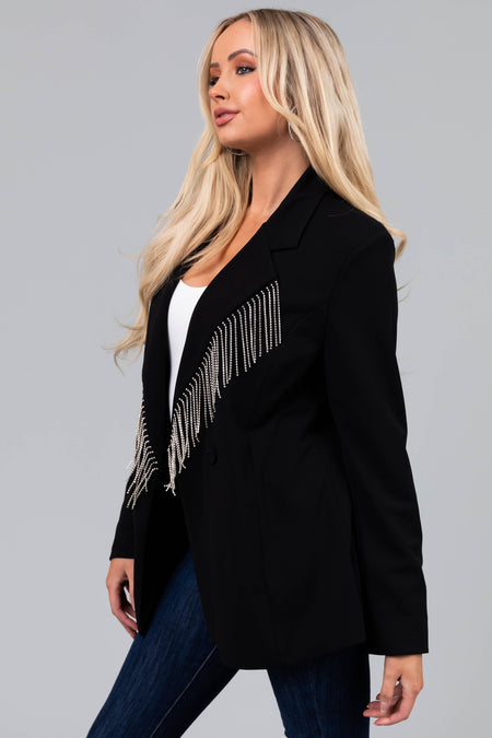 Black Rhinestone Fringe Buttoned Blazer