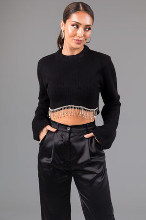 Black Rhinestone Hemline Cropped Sweater