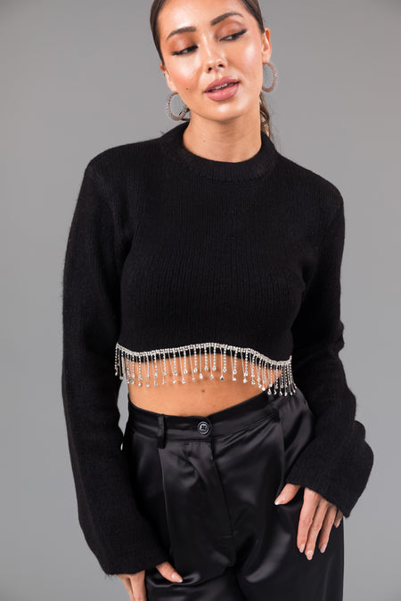 Black Rhinestone Hemline Cropped Sweater