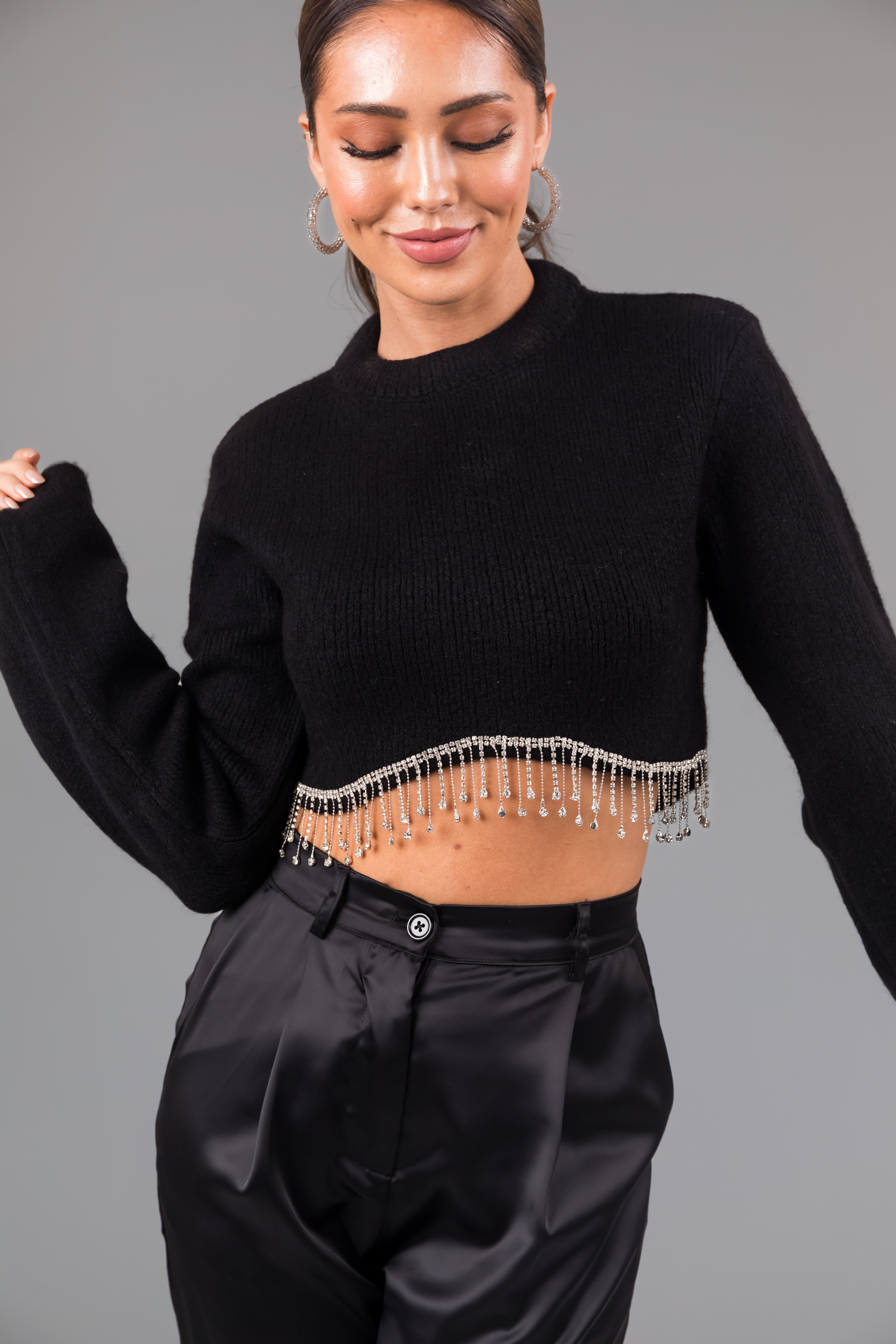 Black Rhinestone Hemline Cropped Sweater