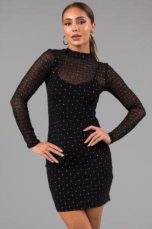 Black Rhinestone Mesh Mock Neck Mini Dress