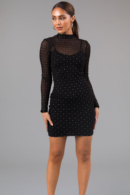 Black Rhinestone Mesh Mock Neck Mini Dress