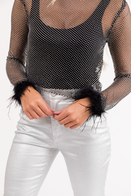 Black Rhinestone Sheer Feather Sleeve Crop Top