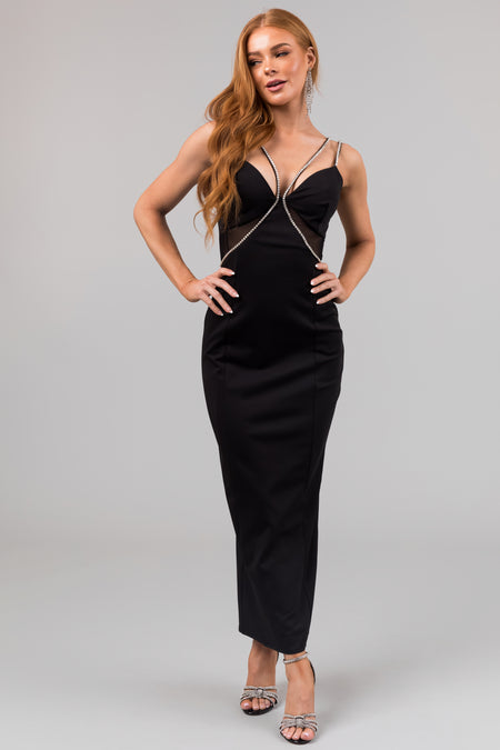 Black Rhinestone Strap Ponte Maxi Dress