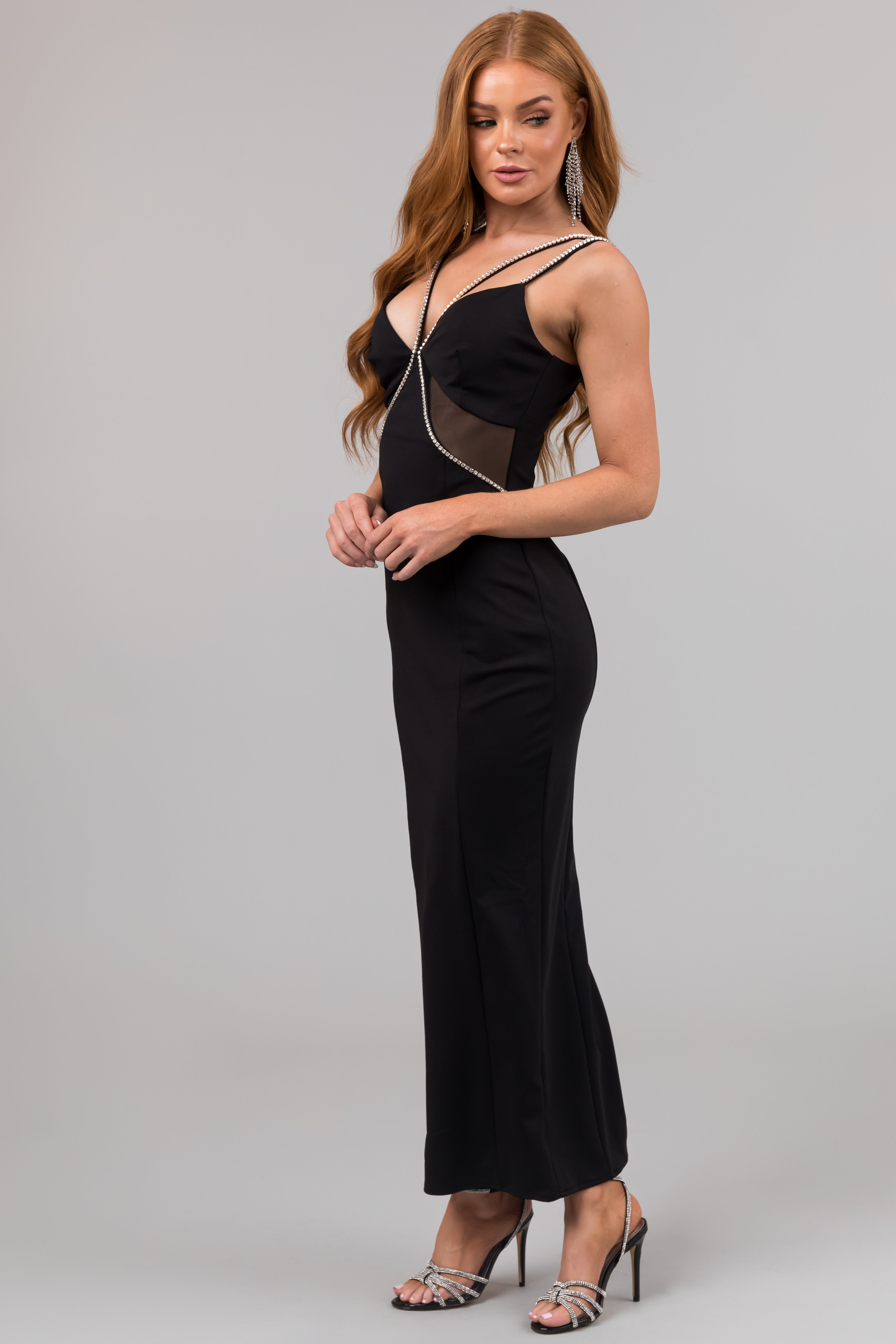 Black Rhinestone Strap Ponte Maxi Dress