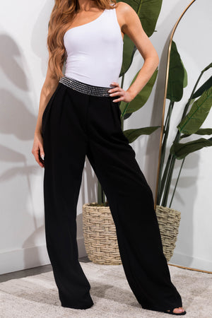 Black Rhinestone Waistband Wide Leg Pants