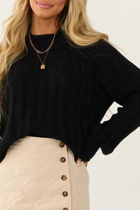 Black Ribbed High Neck Raglan Sweater