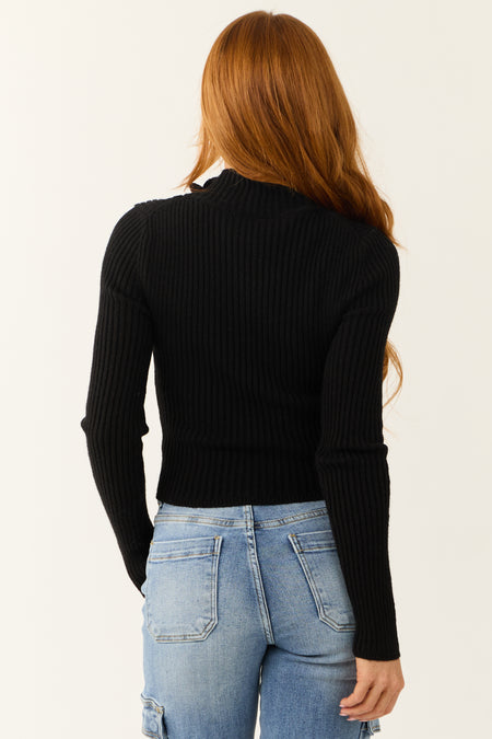 Black Ribbed Knit Half Zip Fitted Top