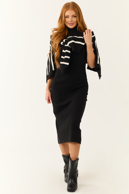 Black Ribbed Knit High Neck Midi Sweater Dress