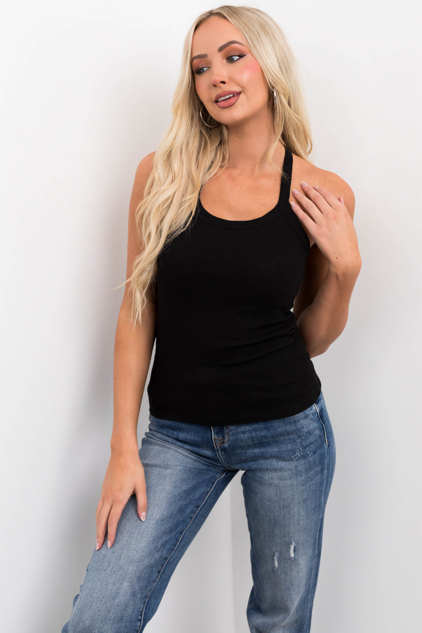 Black Ribbed Knit Scoop Neck Solid Tank Top