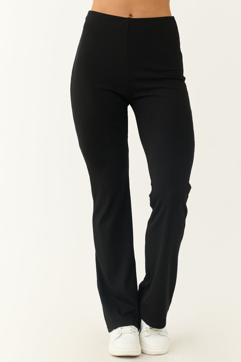 Black Ribbed Knit Slim Flare Pants